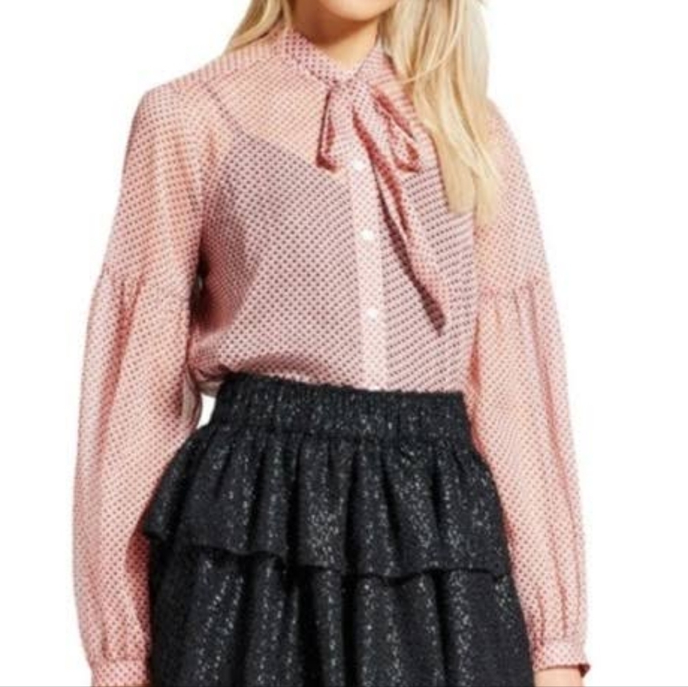 Who What Wear Pink Polka Dot Sheer Abstract Button Up Blouse | Size S